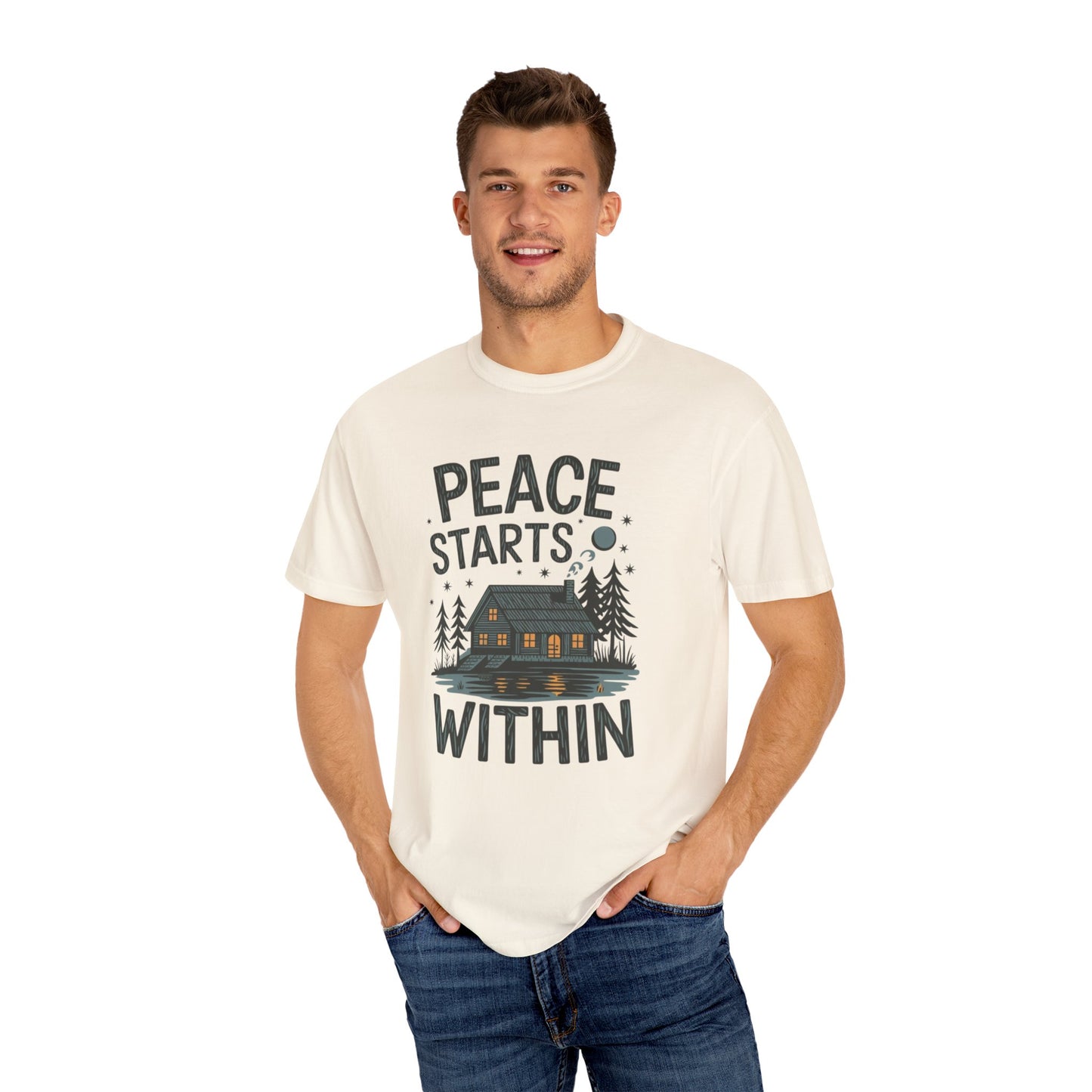 Peace Starts Within T Shirt, Cabin in Woods Graphic Tee, Cozy Cabin Shirt, Inspirational Quote T Shirt, Adventurous Outdoor Tee