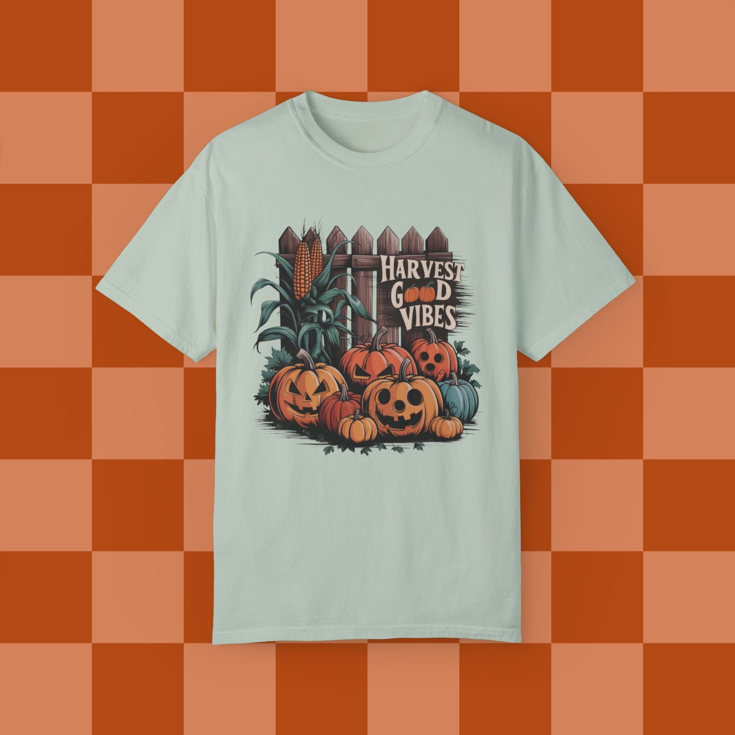 Harvest Good Vibes T-Shirt, Perfect Fall Pumpkin Design, Autumn Corn, Rustic Fence, Cozy Halloween Vibes, Seasonal Graphic Tee