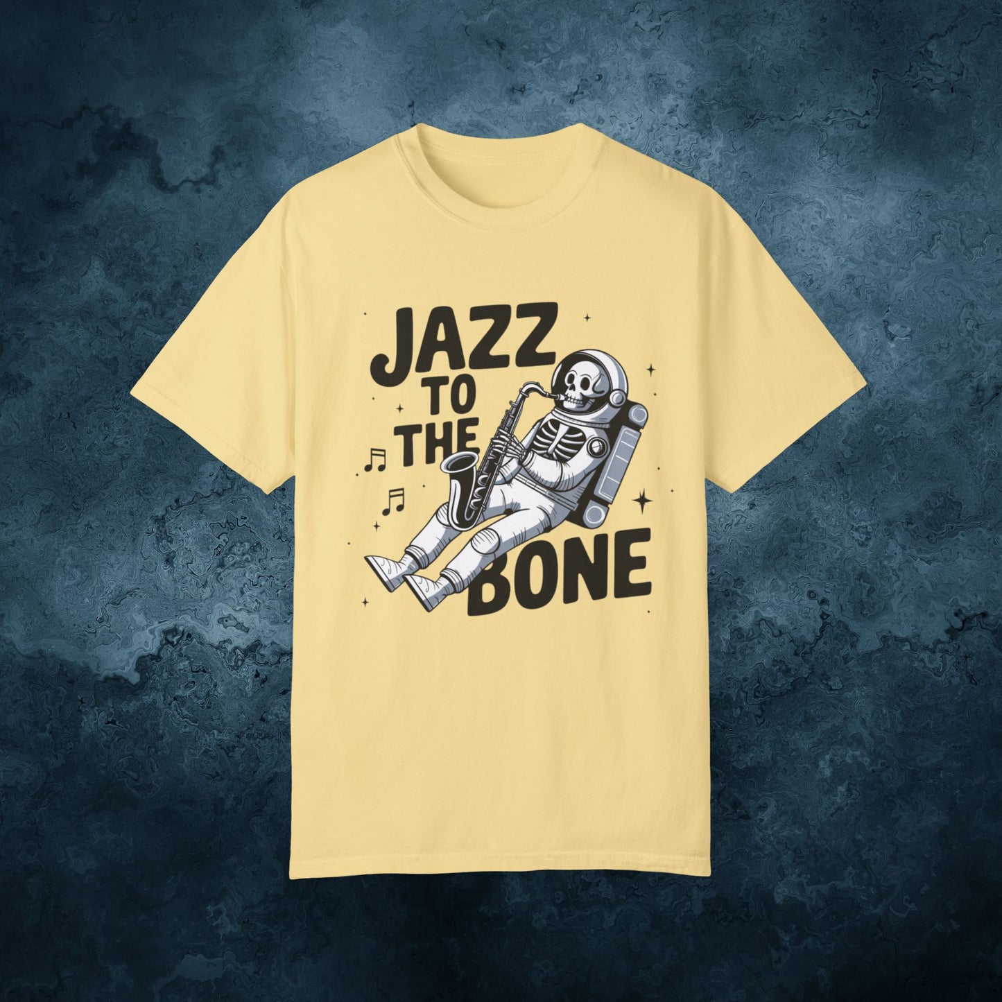 Skeleton Astronaut Playing Saxophone T-Shirt, Jazz Music Lover Tee, Space Theme Graphic Tee, Unique Artistic T-Shirt Gift