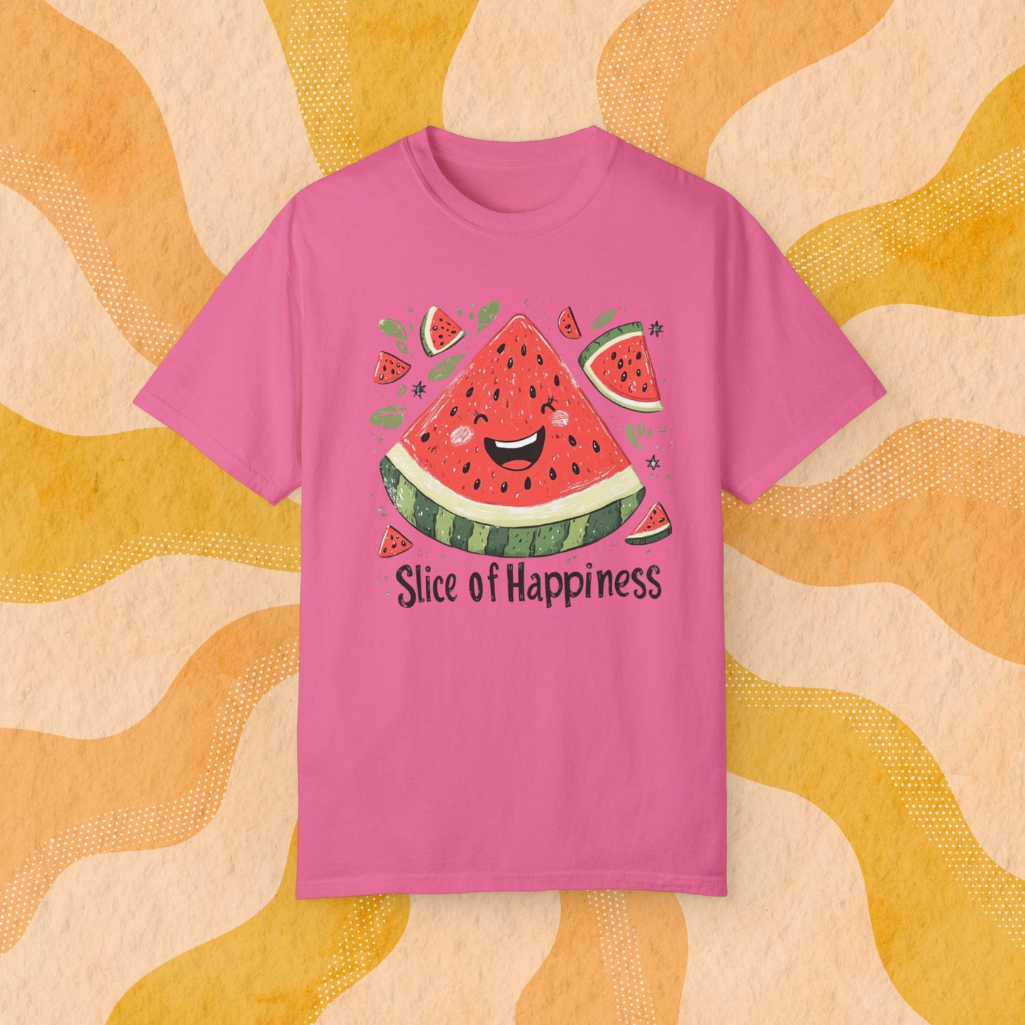 Cute Watermelon Slice of Happiness T-Shirt, Fun Fruit Graphic Tee, Happy Watermelon Smile Shirt Garment-Dyed T-shirt