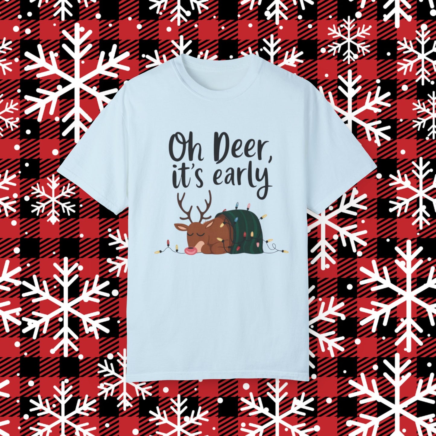 Oh Deer It's Early Christmas T-Shirt, Funny Reindeer Holiday Shirt, Cute Sleeping Deer Tee, Xmas Lights Graphic Tee, Gift for Friends