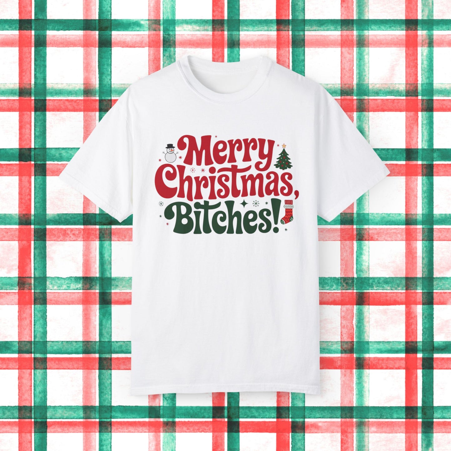 Merry Christmas Bitches Funny Holiday T-Shirt, Christmas Tree and Snowman Graphic Tee, Fun Xmas Shirt, Christmas Party Shirt