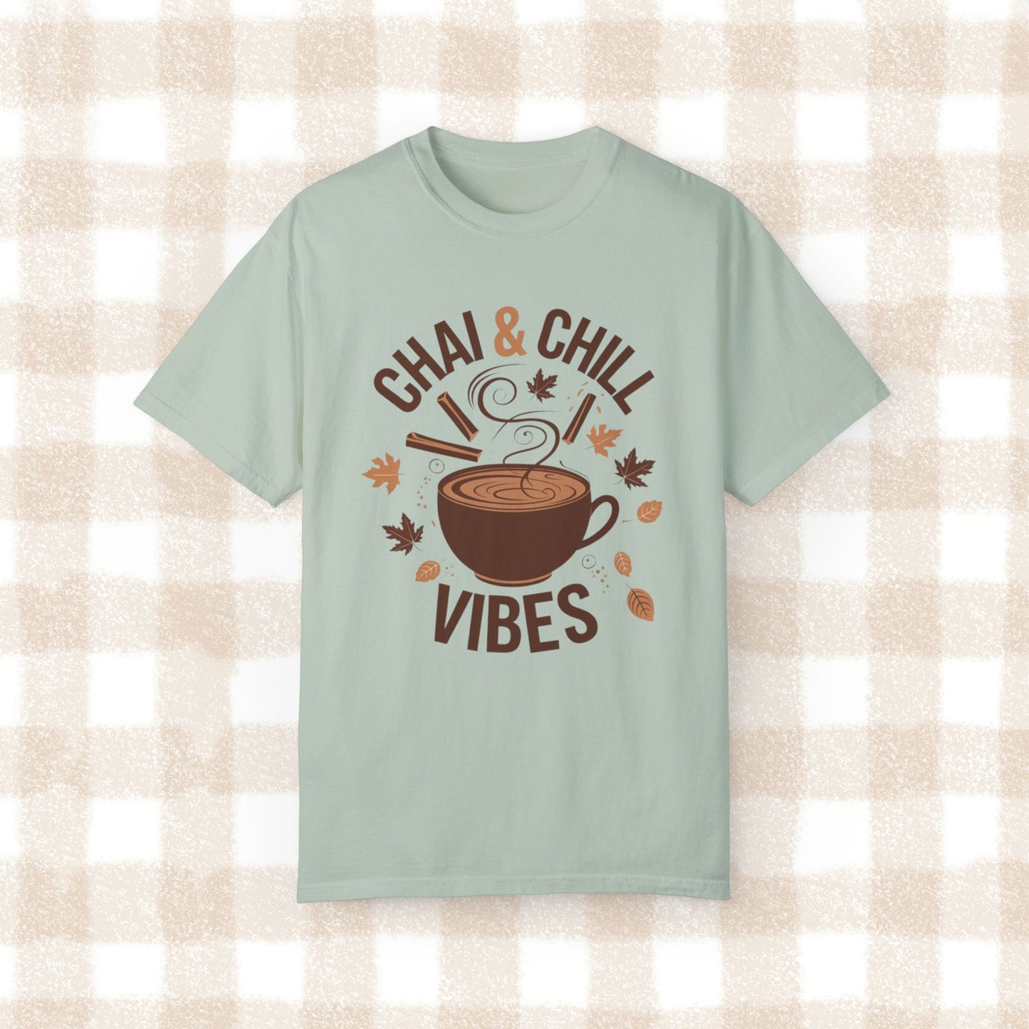 Chai and Chill Vibes T-Shirt, Cozy Autumn Tea Shirt, Fall Leaves Design Tee, Cozy Beverage Lover Gift, Comfy Casual Wear