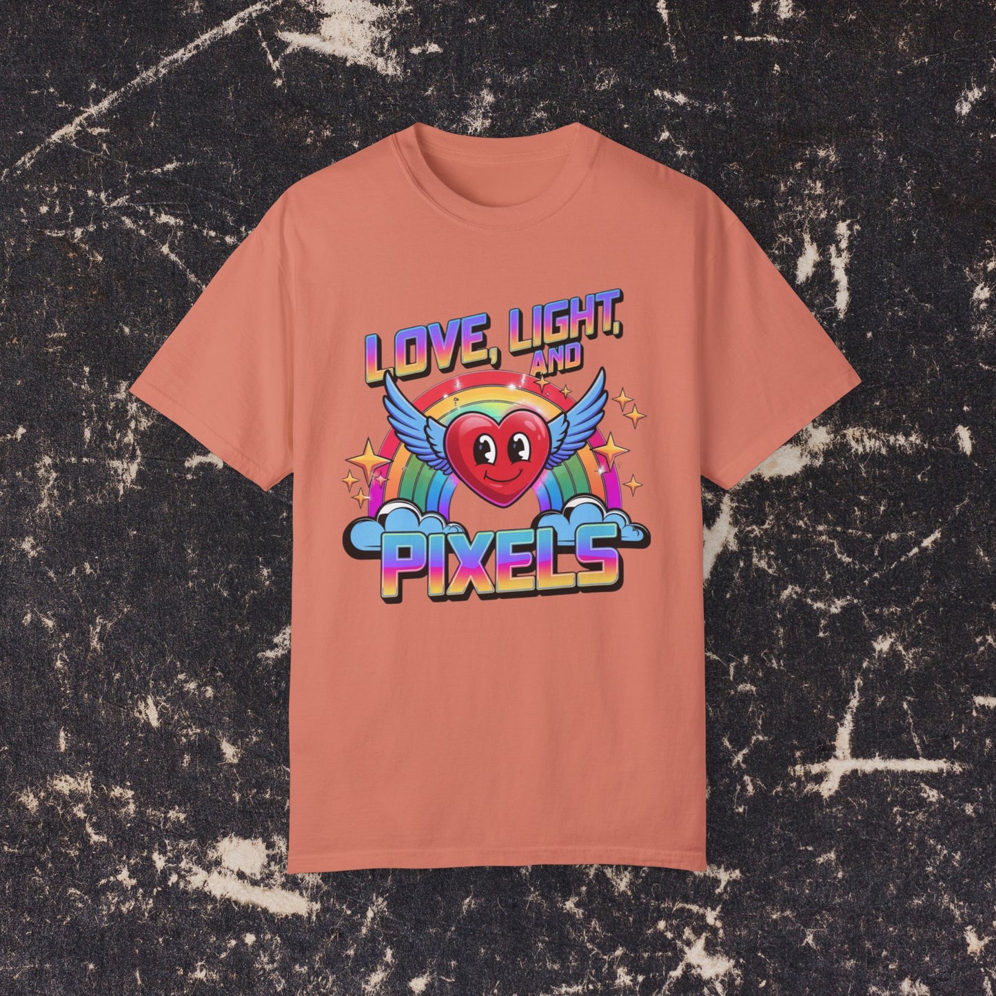 Love Light and Pixels T-Shirt, Retro Rainbow Heart Tee, Winged Heart Graphic Shirt, Positive Vibes Top, Cute Kawaii Nerd Shirt