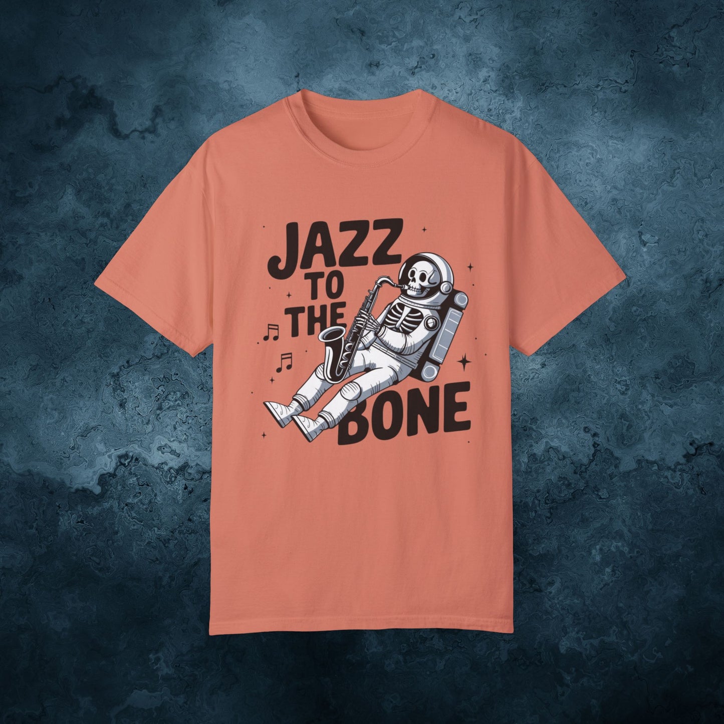 Skeleton Astronaut Playing Saxophone T-Shirt, Jazz Music Lover Tee, Space Theme Graphic Tee, Unique Artistic T-Shirt Gift