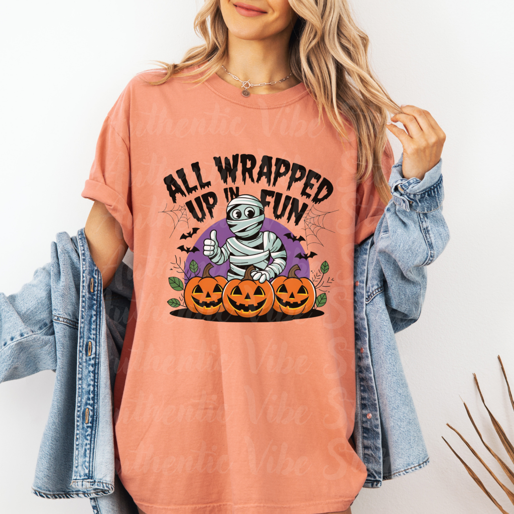 Mummy Halloween T-Shirt, All Wrapped Up In Fun Shirt, Funny Halloween Tee, Cute Halloween Mummy Design, Pumpkin Halloween Shirt