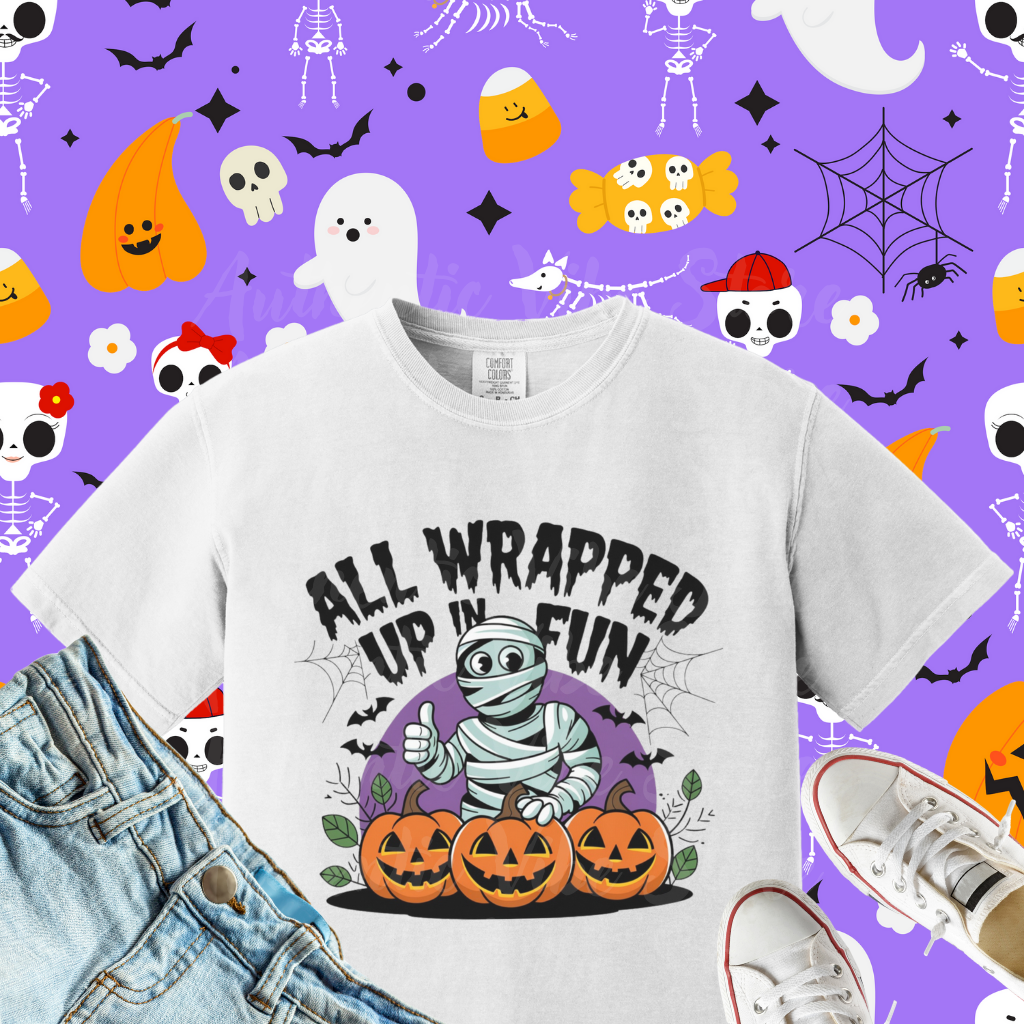 Mummy Halloween T-Shirt, All Wrapped Up In Fun Shirt, Funny Halloween Tee, Cute Halloween Mummy Design, Pumpkin Halloween Shirt