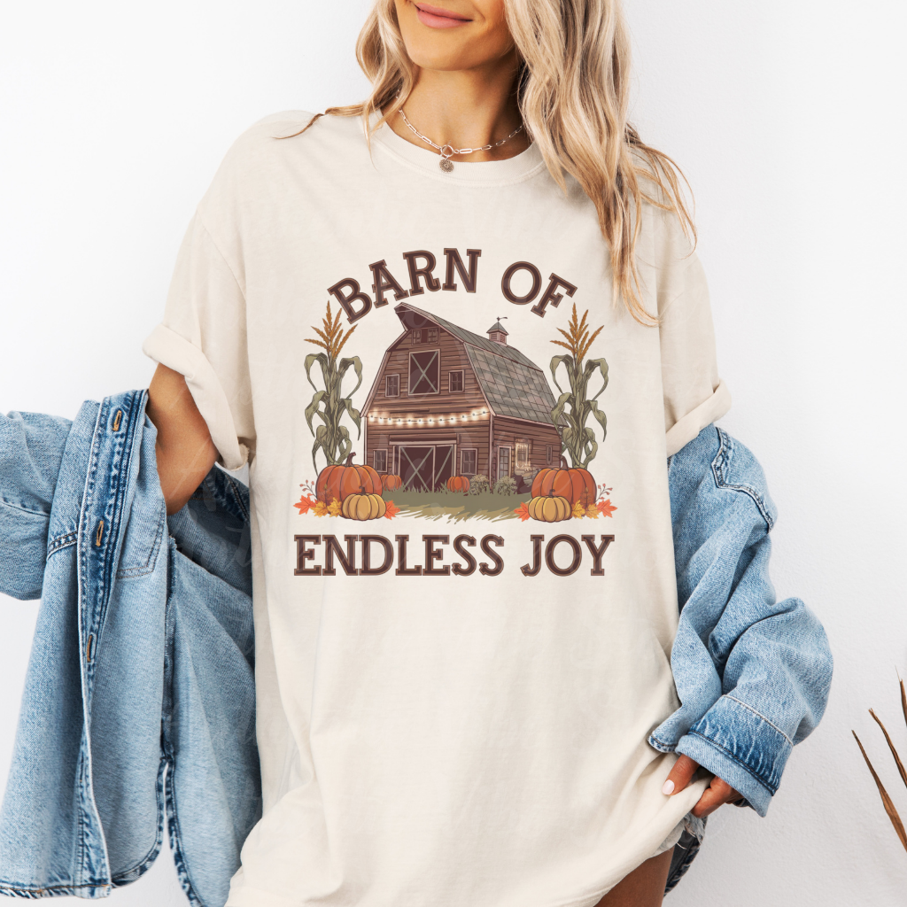 Vintage Farmhouse Barn of Endless Joy Graphic, Fall Harvest Pumpkin Patch T-Shirt, Retro Autumn Country Life Tee