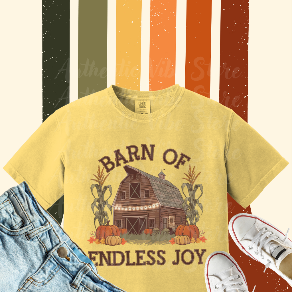 Vintage Farmhouse Barn of Endless Joy Graphic, Fall Harvest Pumpkin Patch T-Shirt, Retro Autumn Country Life Tee