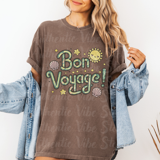 Bon Voyage T-Shirt, Cute Sun Design Tee, Shell and Star Shirt, Fun Travel Shirt, Charming Graphic Tee, Summer Adventure Top