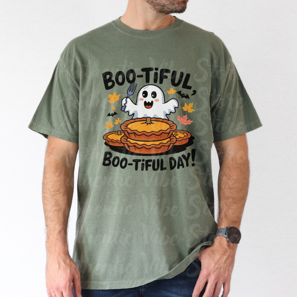 Boo-Tiful Day Ghost T-Shirt, Funny Halloween Tee, Cute Ghost and Pumpkin Pie Shirt, Autumn Graphic T-Shirt, Spooky Season Apparel