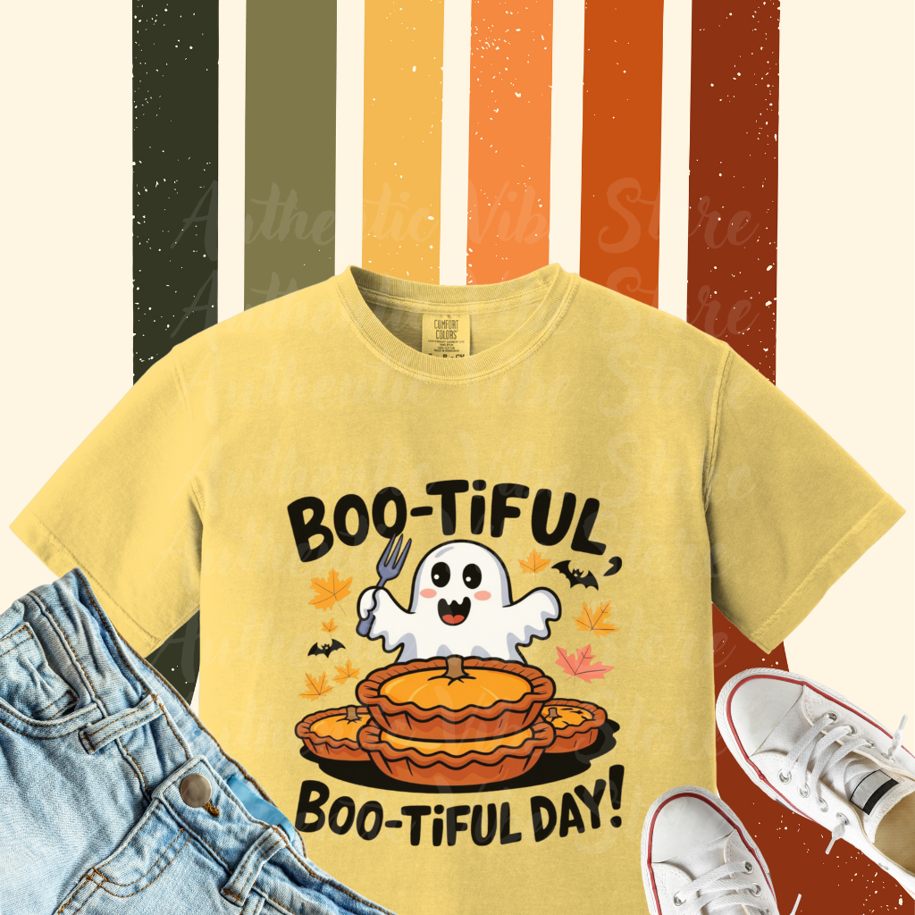 Boo-Tiful Day Ghost T-Shirt, Funny Halloween Tee, Cute Ghost and Pumpkin Pie Shirt, Autumn Graphic T-Shirt, Spooky Season Apparel