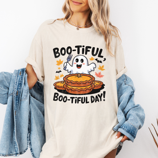 Boo-Tiful Day Ghost T-Shirt, Funny Halloween Tee, Cute Ghost and Pumpkin Pie Shirt, Autumn Graphic T-Shirt, Spooky Season Apparel