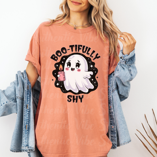 Ghost T-Shirt Boo-tifully Shy Halloween Shirt Cute Ghost Graphic Tee Spooky Season Fun Halloween Clothing Gift for Ghost Lovers