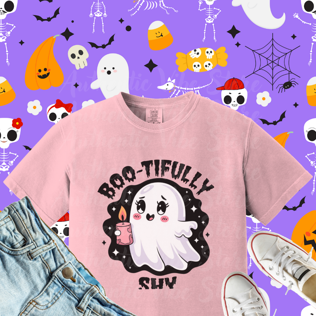 Ghost T-Shirt Boo-tifully Shy Halloween Shirt Cute Ghost Graphic Tee Spooky Season Fun Halloween Clothing Gift for Ghost Lovers