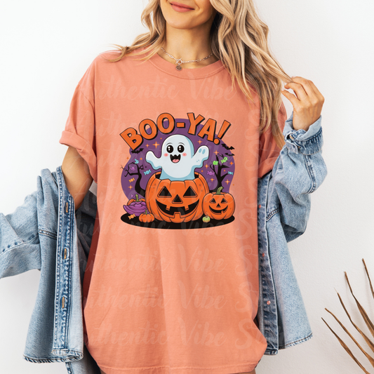 Cute Ghost Halloween T-Shirt, Boo-Ya Pumpkin Design, Spooky Halloween Shirt, Funny Ghost Tee, Halloween Party Shirt, Ghost Pumpkin Tee