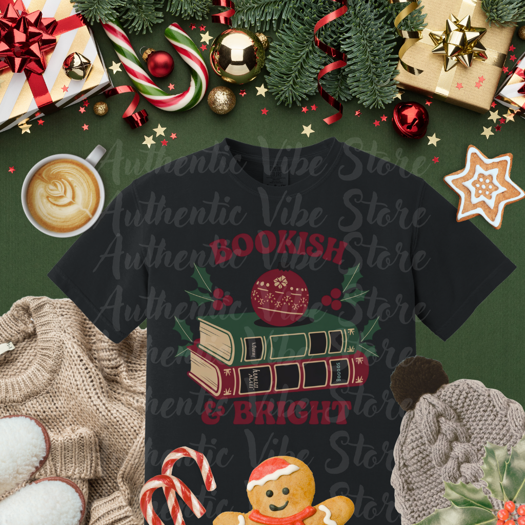 Festive Bookish and Bright Graphic Tee, Christmas Book Lover Shirt, Holiday Reading T Shirt, Cute Xmas Bookworm Top, Gift for Readers