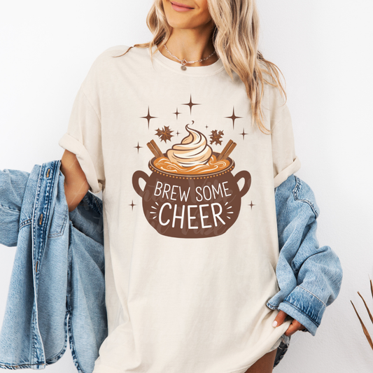 Brew Some Cheer T-Shirt, Coffee Lover Shirt, Fall Aesthetic Tee, Cozy Autumn Clothing, Seasonal Graphic Shirt, Cute Gift for Her