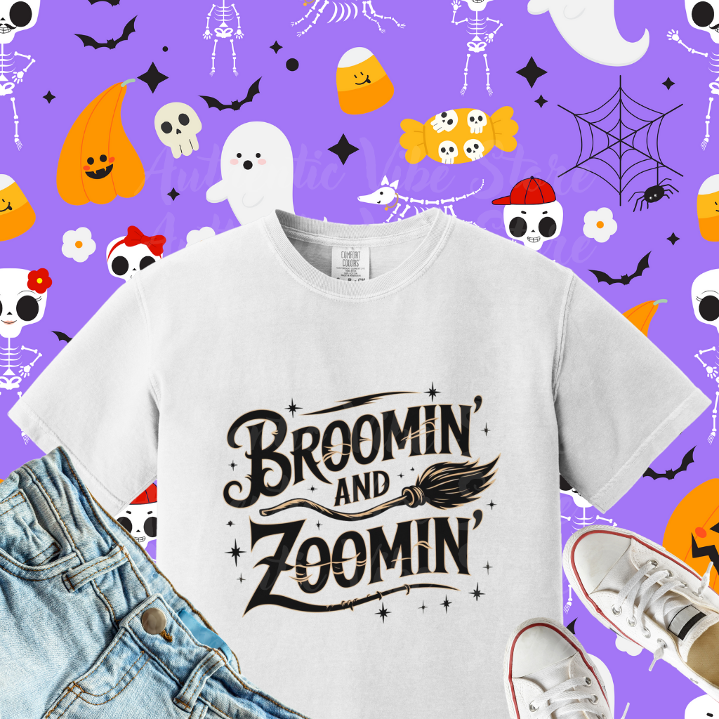 Broomin and Zoomin T-Shirt Custom Witchy Graphic Tee Halloween Witchcraft Shirt Magic Broomstick Gift for Witch Lovers Vintage