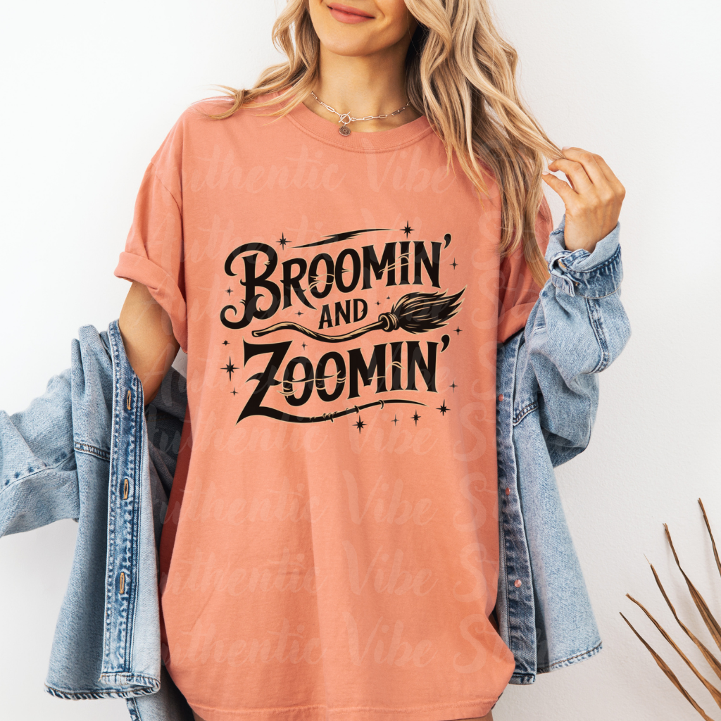 Broomin and Zoomin T-Shirt Custom Witchy Graphic Tee Halloween Witchcraft Shirt Magic Broomstick Gift for Witch Lovers Vintage