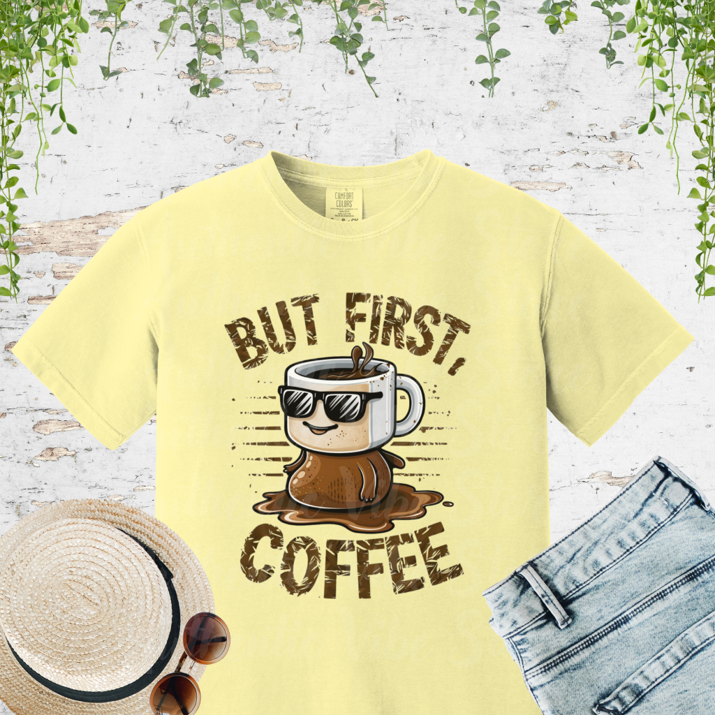 Title But First Coffee T-Shirt Funny Coffee Lover Graphic Tee Cool Coffee Mug Shirt Casual Coffee Shirt Gift for Caffeine Addicts