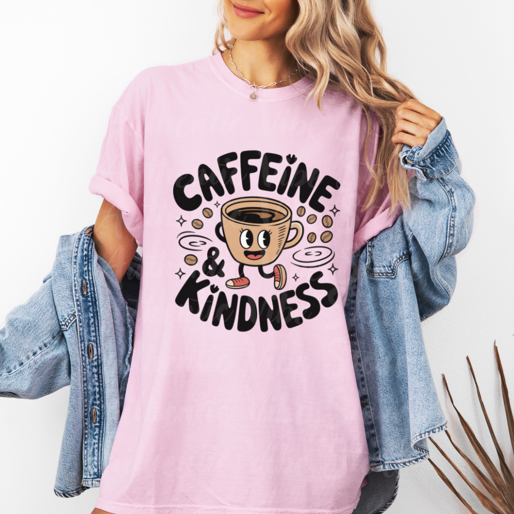 Coffee Lover T-Shirt, Caffeine and Kindness Shirt, Funny Coffee Graphic Tee, Cute Coffee Cup Illustration, Coffee Enthusiast Gift