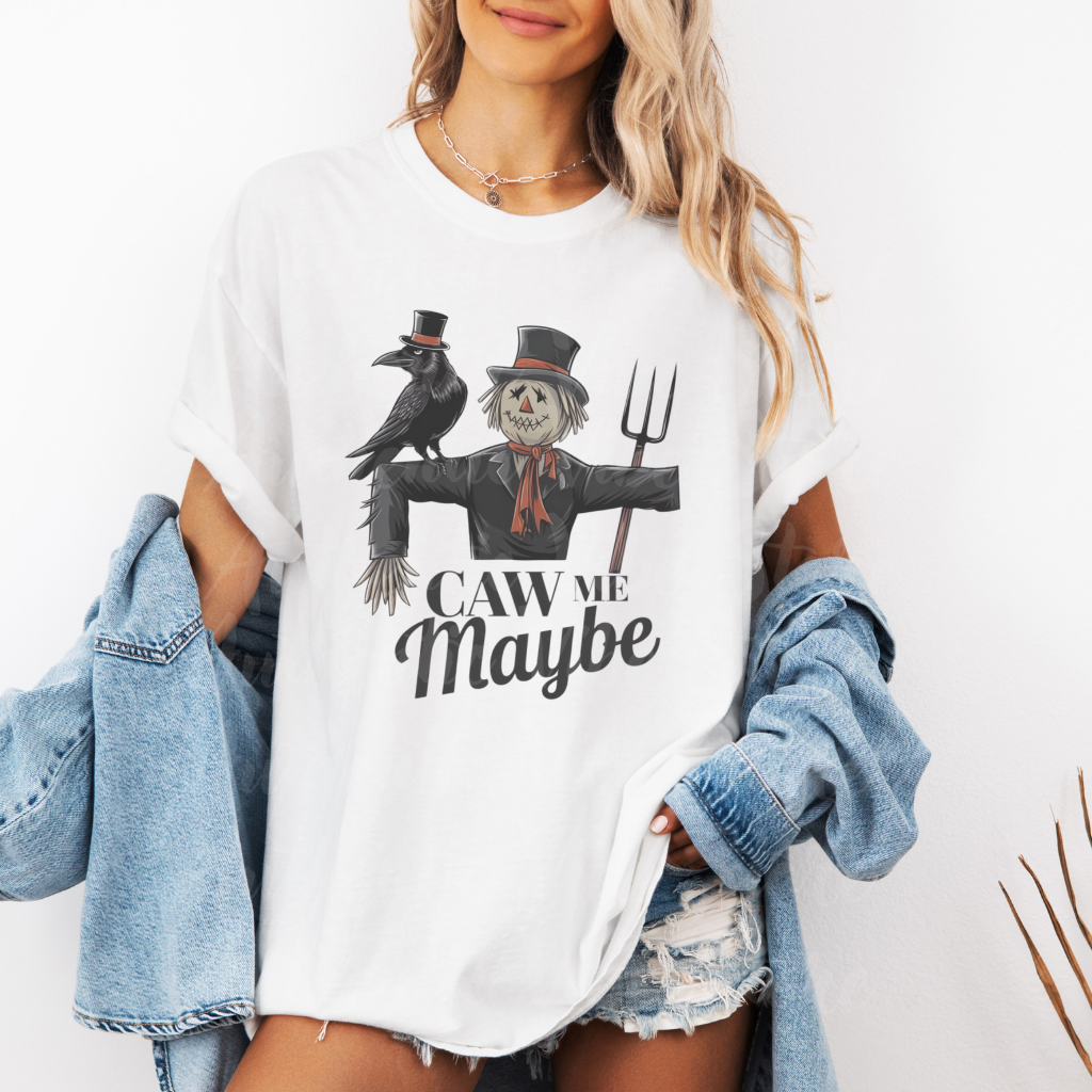 Halloween Scarecrow T-Shirt, Funny Scarecrow and Crow Tee, Caw Me Maybe Shirt, Cool Halloween Costume Shirt, Graphic Tee for Halloween