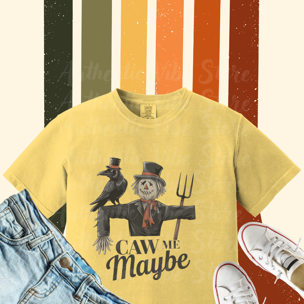 Halloween Scarecrow T-Shirt, Funny Scarecrow and Crow Tee, Caw Me Maybe Shirt, Cool Halloween Costume Shirt, Graphic Tee for Halloween