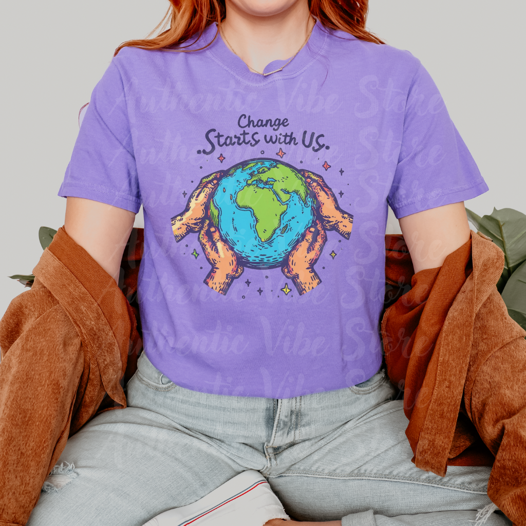 Change Starts with Us Earth Design T-Shirt, Inspirational World Graphic Tee, Environmental Awareness Shirt for Men Women