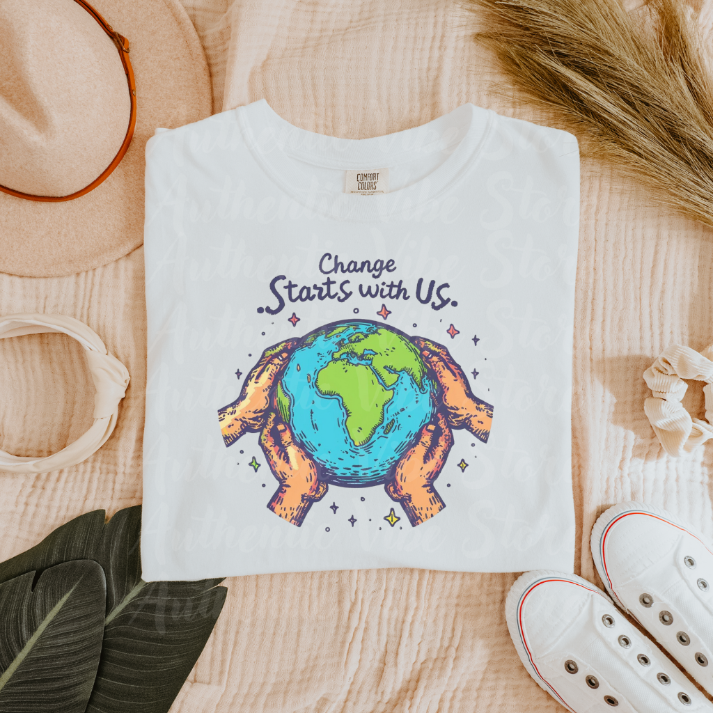 Change Starts with Us Earth Design T-Shirt, Inspirational World Graphic Tee, Environmental Awareness Shirt for Men Women