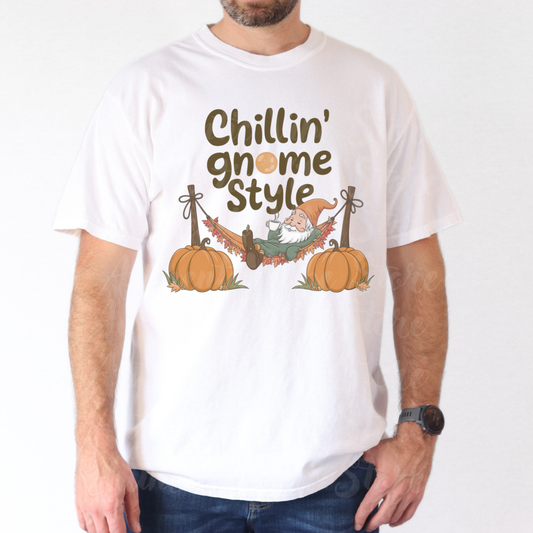 Chillin Gnome Style T-shirt, Funny Gnome Shirt for Fall, Cute Pumpkin Gnome Tee, Halloween Gnome Graphic Tee, Autumn Vibes T-Shirt