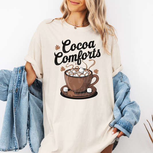 Cozy Fall Cocoa Comforts T-Shirt, Cute Hot Chocolate Graphic Tee, Autumn Wardrobe Essential, Perfect Fall Gift Idea