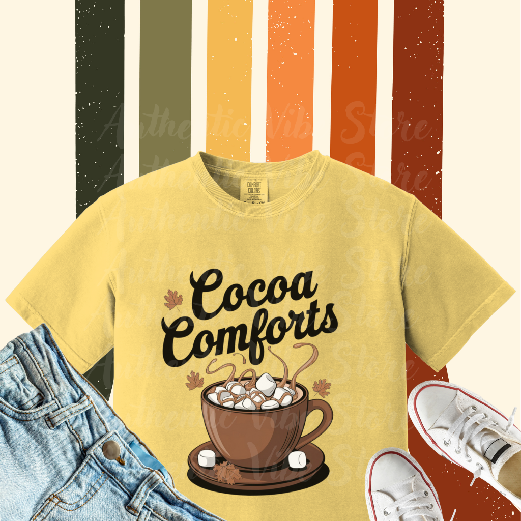 Cozy Fall Cocoa Comforts T-Shirt, Cute Hot Chocolate Graphic Tee, Autumn Wardrobe Essential, Perfect Fall Gift Idea