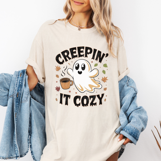 Creepin it cozy ghost coffee T-shirt, Funny Halloween fall leaves shirt, Spooky season graphic tee, Autumn cozy vibes top