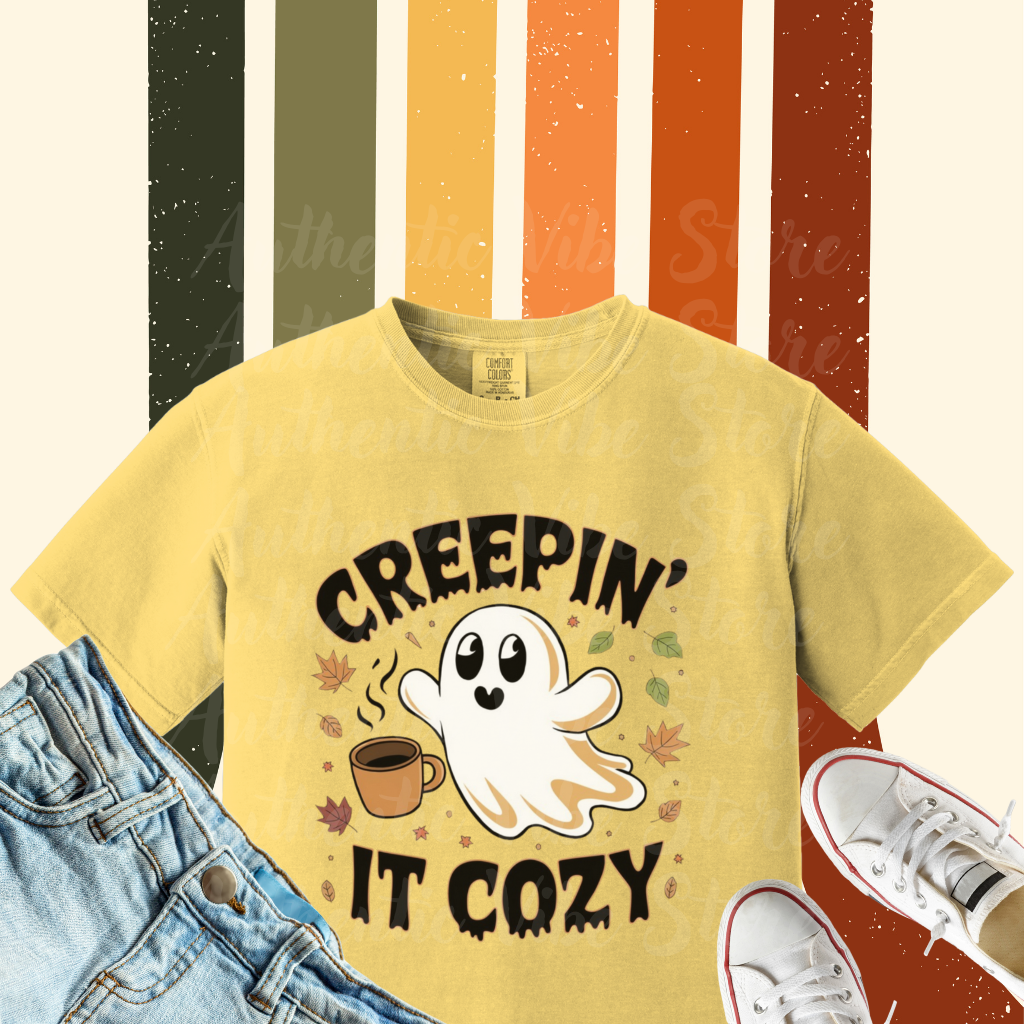 Creepin it cozy ghost coffee T-shirt, Funny Halloween fall leaves shirt, Spooky season graphic tee, Autumn cozy vibes top