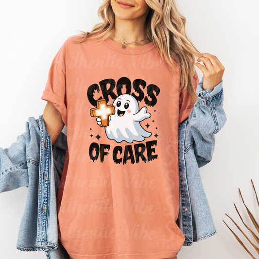 Cute Ghost Cross of Care T Shirt, Fun Halloween Graphic Tee, Perfect for Halloween Parties, Casual Wear, Gift Idea for Friends