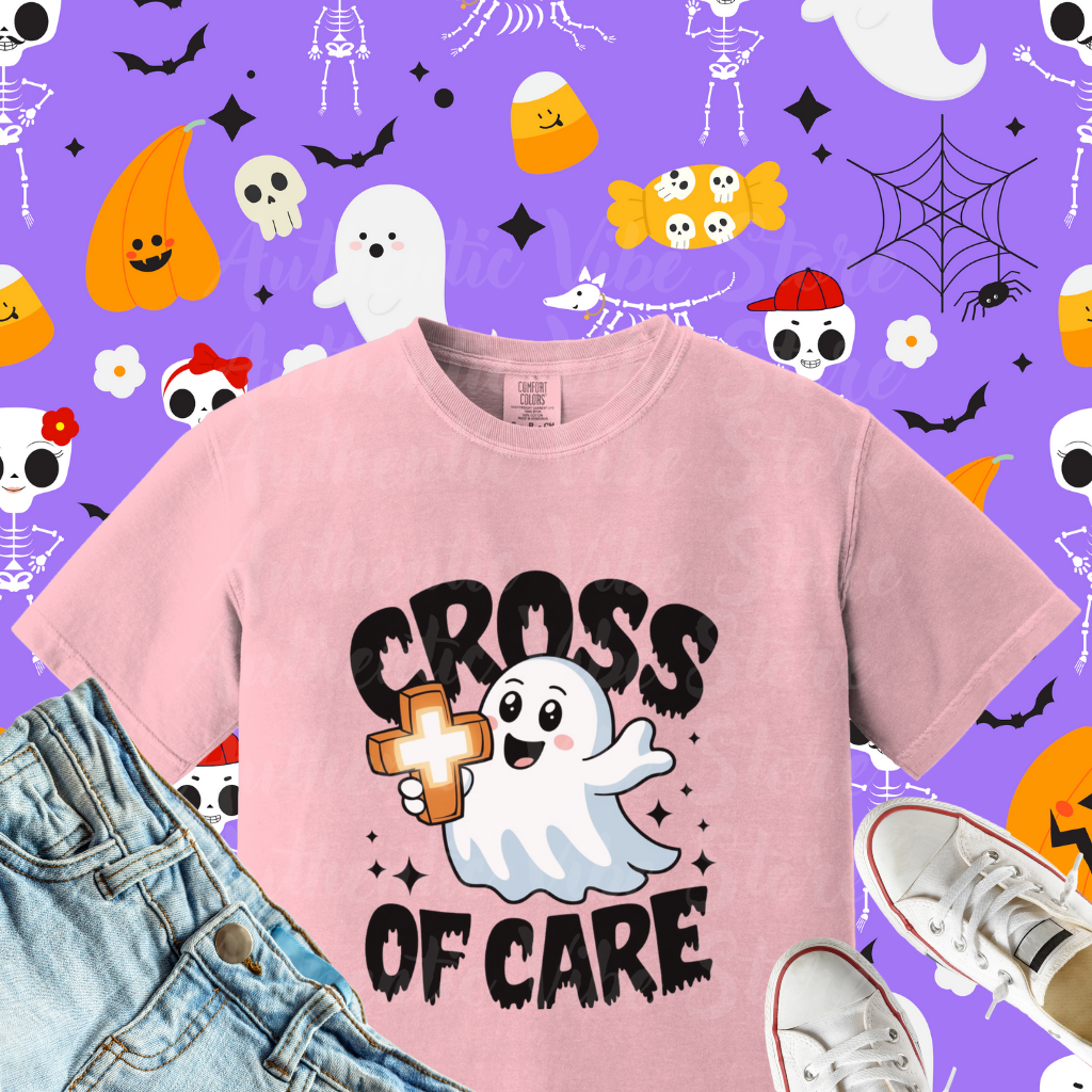 Cute Ghost Cross of Care T Shirt, Fun Halloween Graphic Tee, Perfect for Halloween Parties, Casual Wear, Gift Idea for Friends