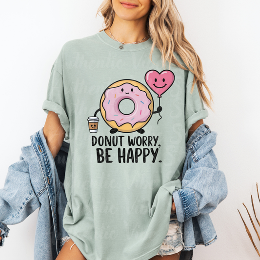 Donut Worry Be Happy Cute Donut With Coffee and Heart Balloon Graphic Tee, Funny Donut Lovers Shirt, Quirky Positive Message T-Shirt