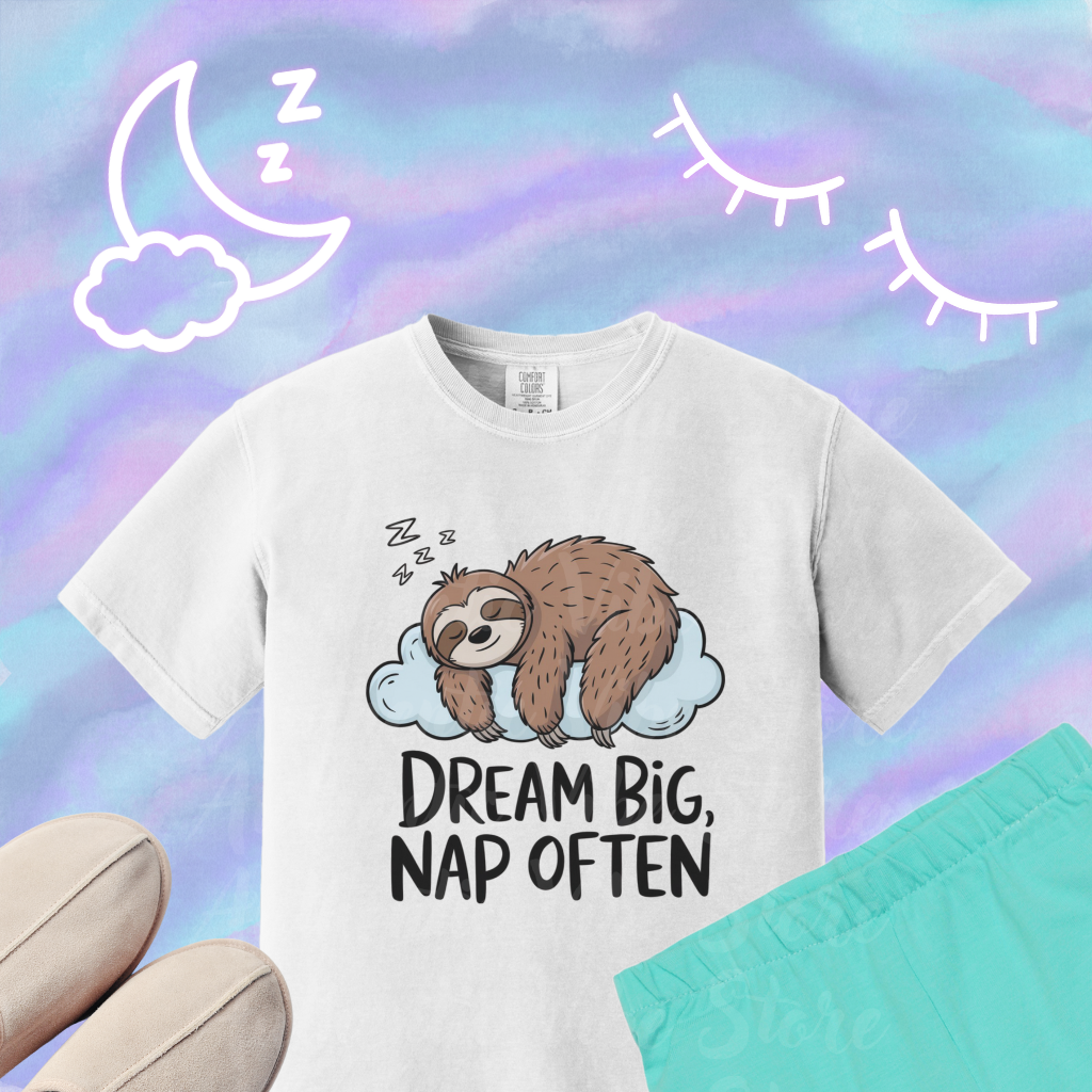 Cute Sloth T-Shirt Dream Big Nap Often Graphic Tee Funny Lazy Sloth Shirt Animal Lover Gift Relaxing Sleepy Sloth Print