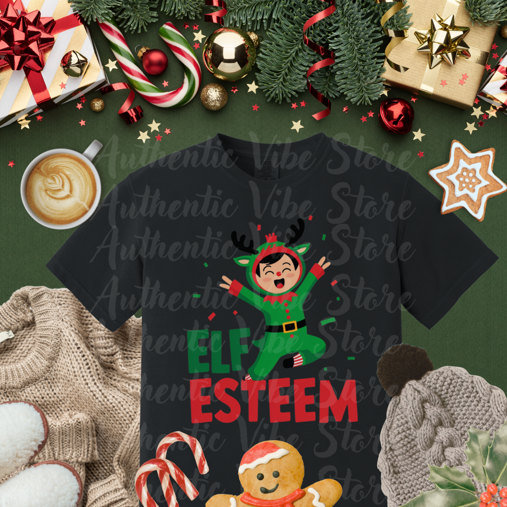 Elf Esteem Christmas T-Shirt, Holiday Cheer Tee, Funny Elf Shirt, Festive Graphic Tee, Xmas Celebration Top, Fun Christmas Gift Idea