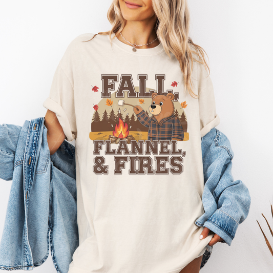 Fall Flannel Bear Campfire T-Shirt Fun Autumn Graphic Tee Cute Halloween Shirt Cozy Fall Vibes Gift for Her Him Outdoors Lover