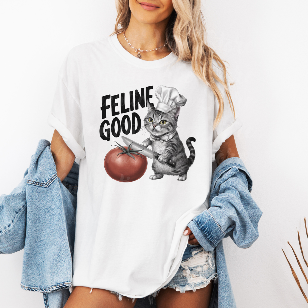 Cute Chef Cat T-Shirt, Funny Cat Lover Gift, Cooking Cat Shirt, Feline Good Graphic Tee, Cat with Knife and Tomato, Adorable Cat Design Garment-Dyed T-shirt