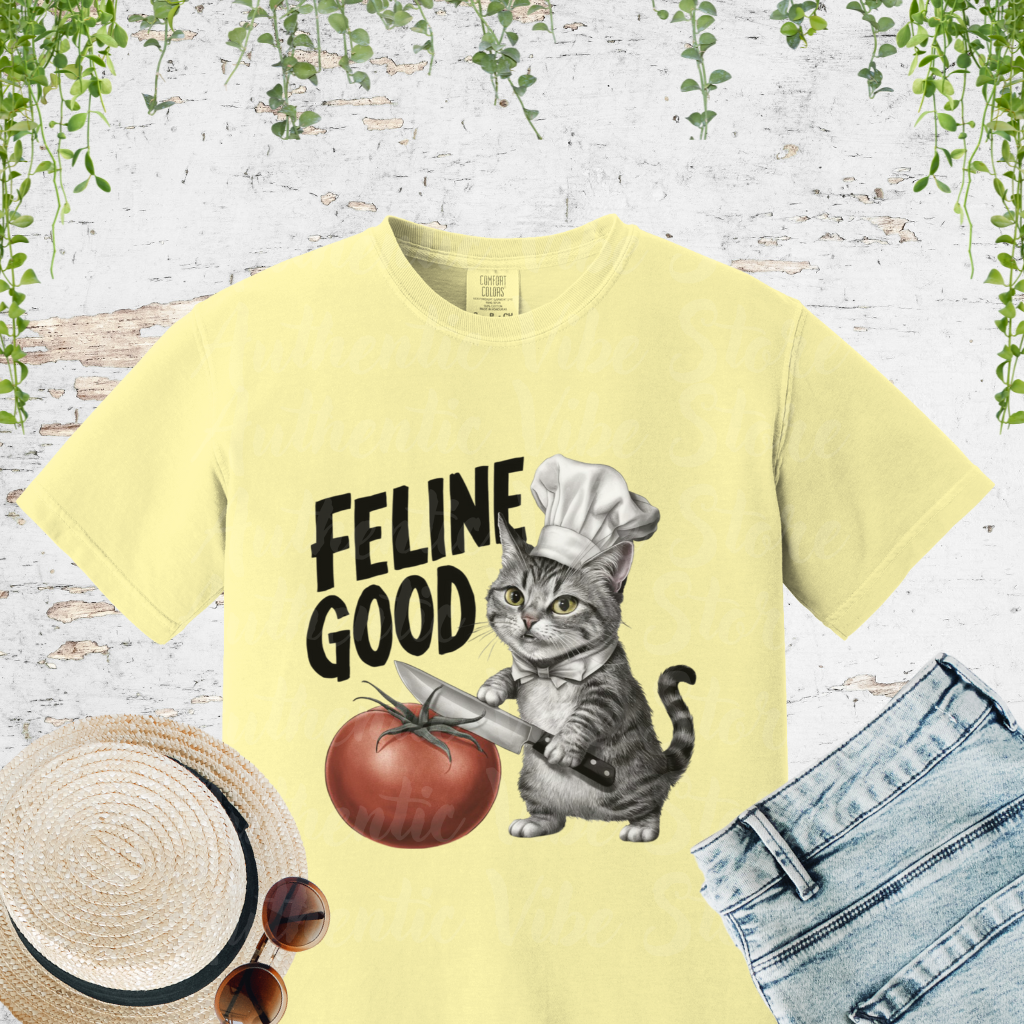 Cute Chef Cat T-Shirt, Funny Cat Lover Gift, Cooking Cat Shirt, Feline Good Graphic Tee, Cat with Knife and Tomato, Adorable Cat Design Garment-Dyed T-shirt