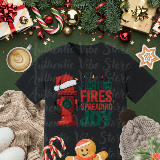 Funny Christmas Firefighter Shirt, Fighting Fires Spreading Joy T-Shirt, Firefighter Xmas Gift, Holiday Firefighter Tee