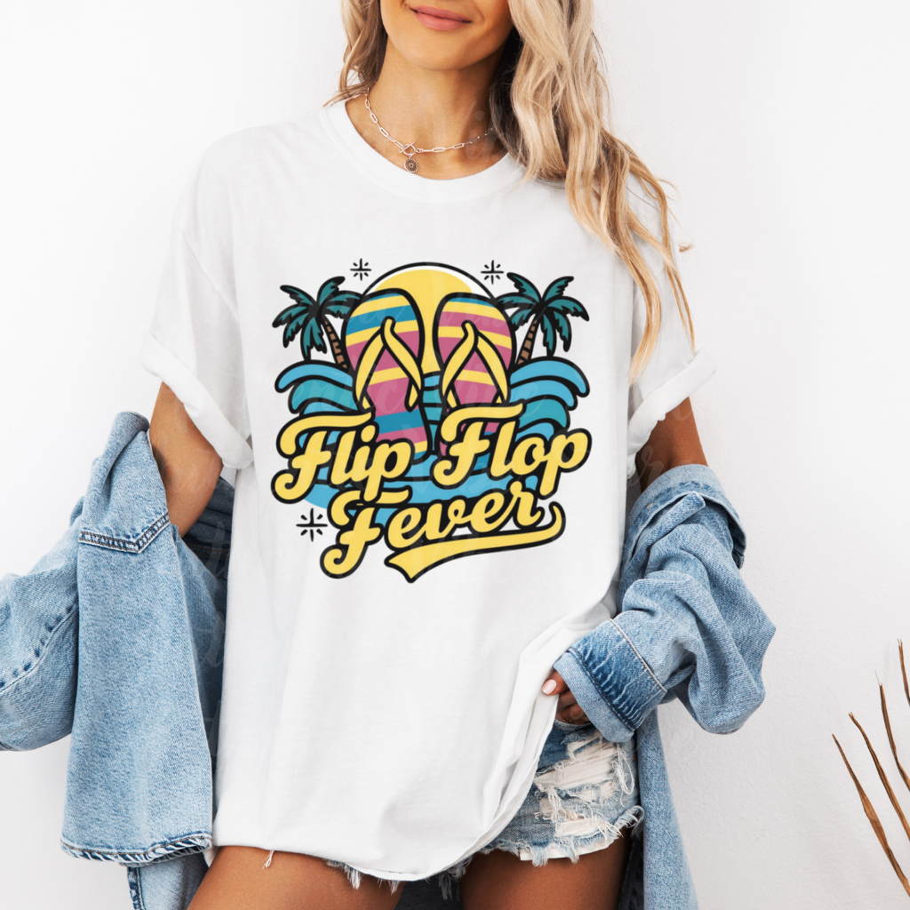 Retro Flip Flop Fever T-Shirt, Summer Vibes Beach Lovers Tee, Fun Tropical Vacation Shirt, Casual Graphic Print Top