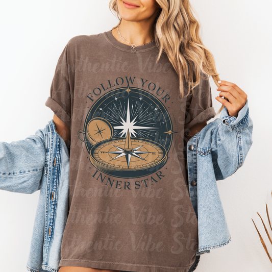 Inspirational Compass T-Shirt, Follow Your Inner Star Graphic Tee, Motivational Adventure Shirt, Star Compass Design, Gift for Explorers Garment-Dyed T-shirt