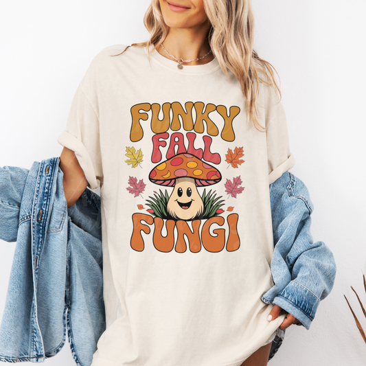 Funky Fall Fungi T-Shirt, Cute Mushroom Autumn Tee, Retro Fall Season Shirt, Unique Graphic Tee for Fall, Fun Autumn Outfit