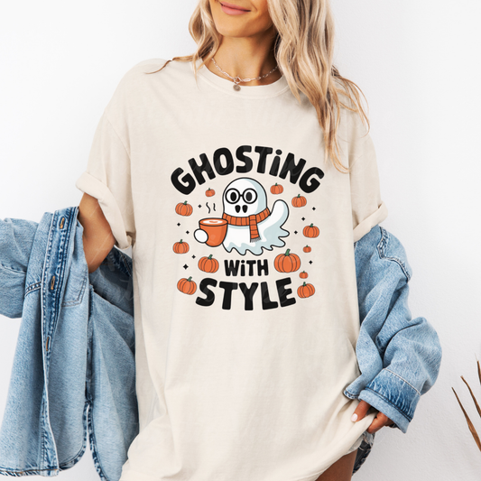 Ghosting With Style T-Shirt, Halloween Ghost Shirt, Funny Ghost Lover Tee, Cute Pumpkin Coffee Shirt, Spooky Season Gift