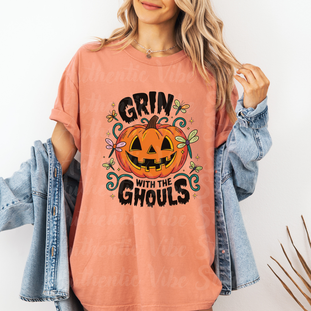 Funny Halloween T-shirt, Grin with the Ghouls, Pumpkin Face Shirt, Halloween Party Tee, Spooky Season Shirt, Dragonfly Decor