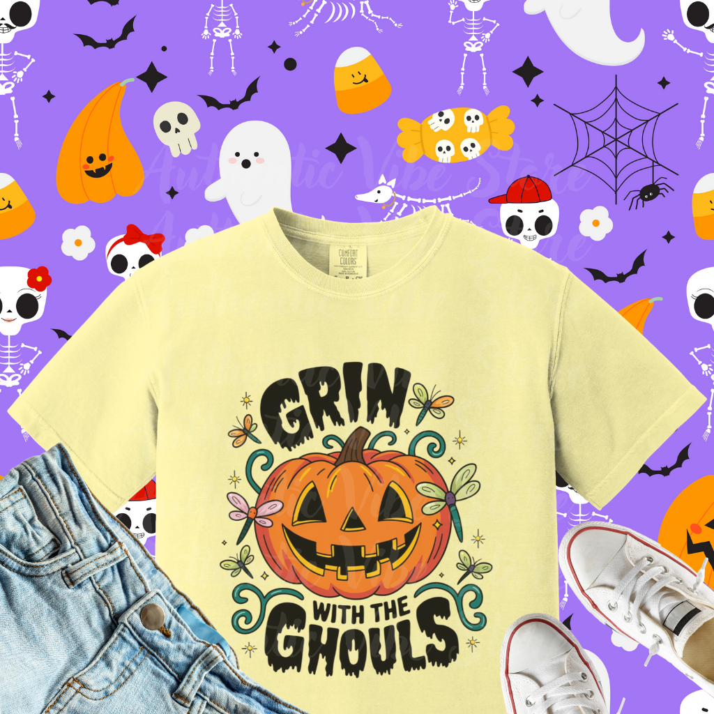 Funny Halloween T-shirt, Grin with the Ghouls, Pumpkin Face Shirt, Halloween Party Tee, Spooky Season Shirt, Dragonfly Decor